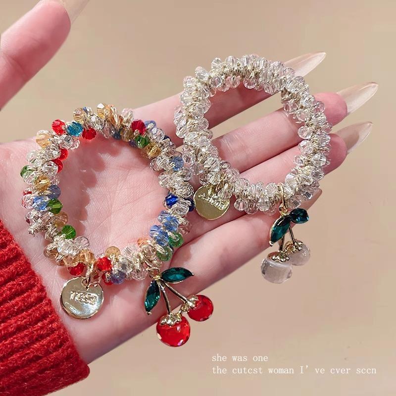 Cherry Shaped Alloy Hair Tie with Sparkling Rhinestones Convertible To Hair Rope Multifunctinal Wrist Bracelet