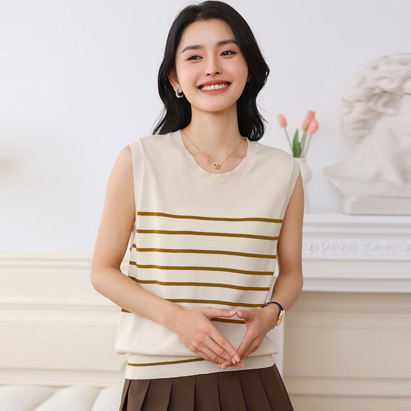 Damen Rundhals Ärmellos Locker Geschnitten Gestreift Baumwollstrick Tanktop Bluse