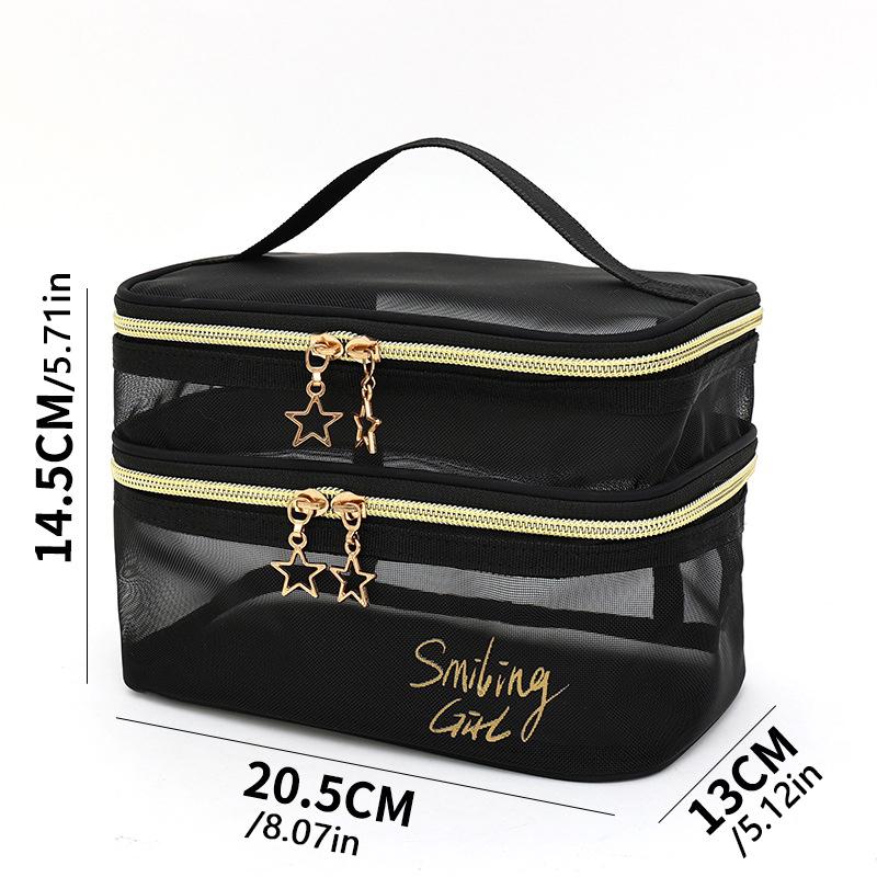 1Pc Double Layer Black Mesh Makeup Case Organizer Storage Pouch Casual Zipper Toiletry Wash Bags Women Travel Cosmetic Bag