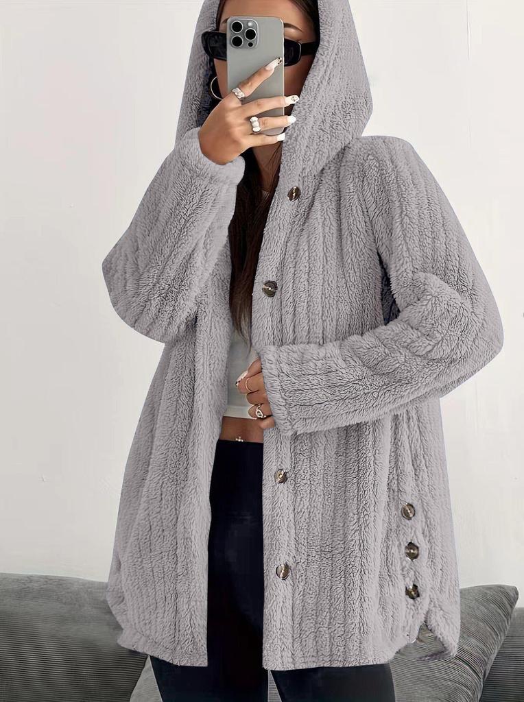 Cappotto di Peluche Morbido da Donna Autunno/Inverno 2025 Europa, Colore Unito, Manica Lunga, con Cappuccio, Vestibilità Larga