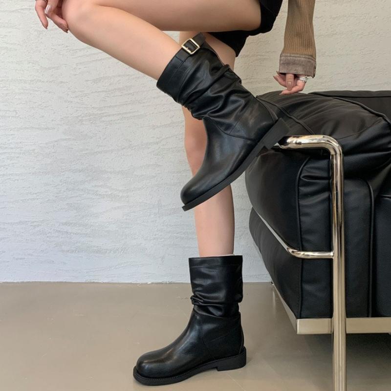Women's Boots Round Toe Pleated Ankle Botines Fashion Belt Buckle Design Chunky Heel High Heels Comfort Non Slip Mid Calf Boots