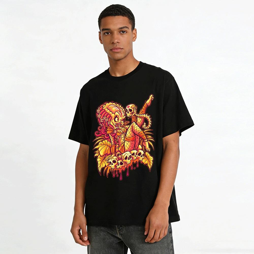Alien Hunter Skull Print Edgy Casual Short Sleeve T-Shirt Pure Cotton T-shirt