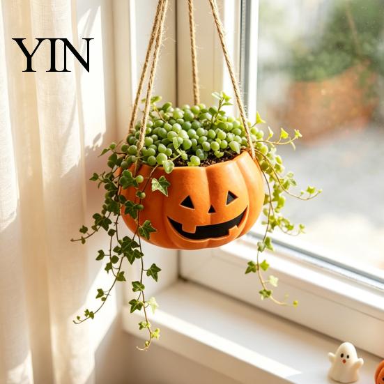 Versatile Tabletop Plant Vessel Pumpkin Shaped Hanging Pot, 4.3 Inch Lightweight Resin Flower Adjustable Decorative Container Rope Mini Pots