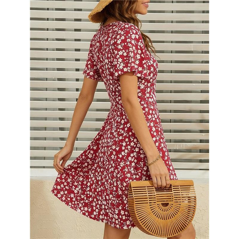 Women's Summer Fashion: Floral Print, Short-Sleeve, Fitted V-Neck A-Line Dress