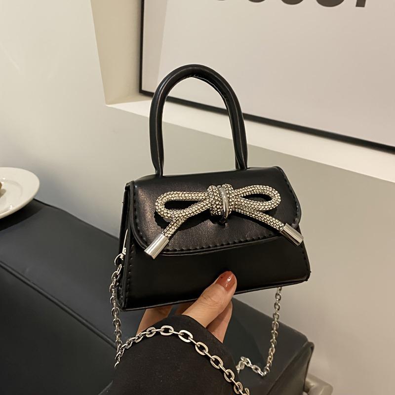 2026 Fashi Women's Mini PU Leather Handbag with Metal Chain Strap&Oversized Bow Top Handle Crossbody Bag for Decorative Purse