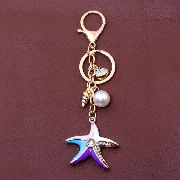 Sparkling Starfish Key Ring Zinc Metal Craftsmanship with Seashells Charm Keychain Pendant Beach Vacation Accessory