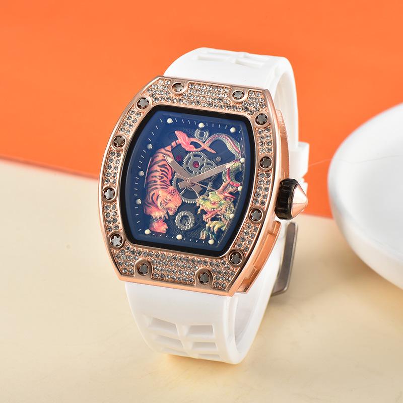 Men's Trendy Barrel-Shaped Full Diamond Quartz Watch with Calendar
