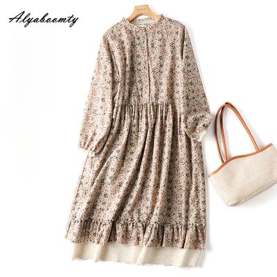 Mori Girl Lente Herfst Vrouwen Retro Jurk Staande Kraag Blauwe Abrikoos Koffie Bloemenprint Jurk Katoen Linnen Vintage Losse Midi Jurk