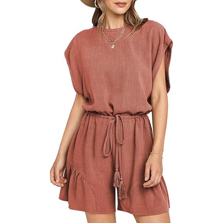 

Летний новый универсальный комбинезон из хлопка и льна, свободный и повседневный, с затягивающейся талией, с короткими рукавами для женщин 2XL кирпич красный