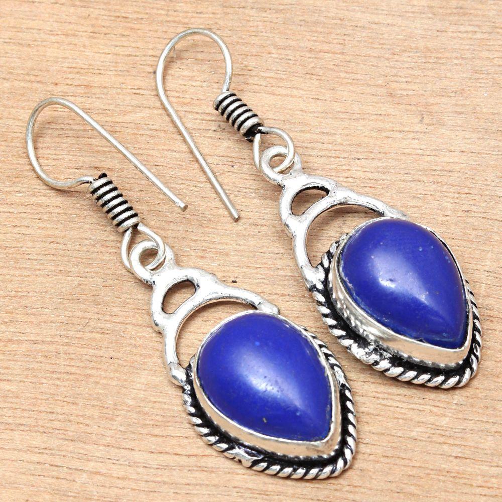 Blue Chalcedony Gemstone Handmade Gift For Her Silver Jewelry Earrings 1.75"