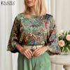 ZANZEA Women Loose Round Neck 3/4 Sleeve Casual Print Blouse