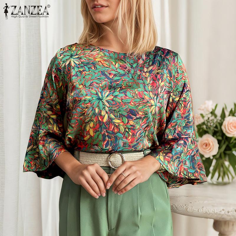 ZANZEA Women Loose Round Neck 3/4 Sleeve Casual Print Blouse
