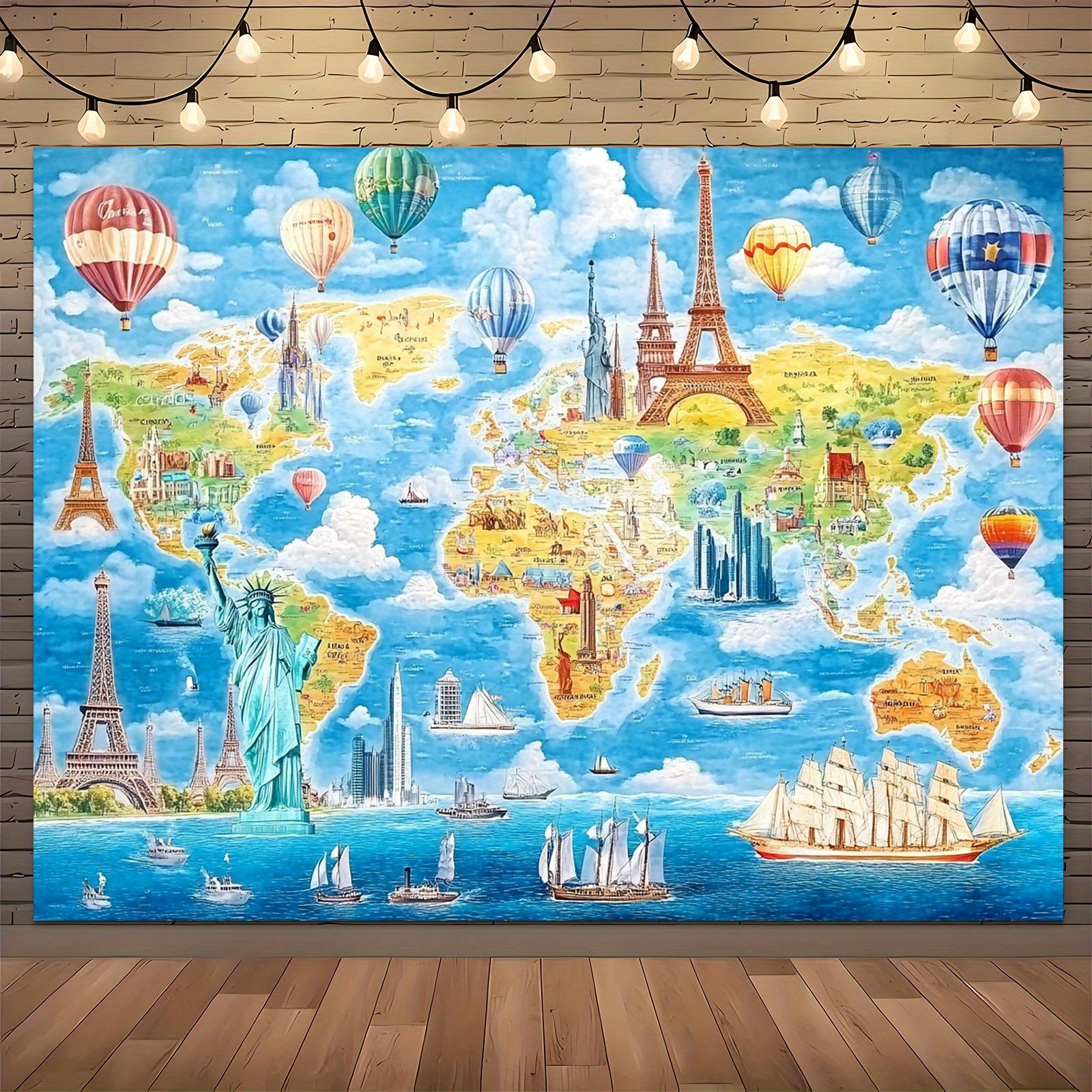 One world map hot air balloon famous landmark travel-themed background fabric. Hang a banner to decorate the photography studio. 100x150cm