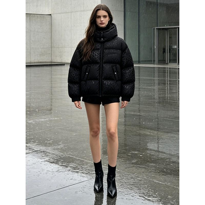 Womens Winter Hooded Puffer Coat Water-Responsive Leopard Print Loose Fit Thick Warm Cotton Jacket