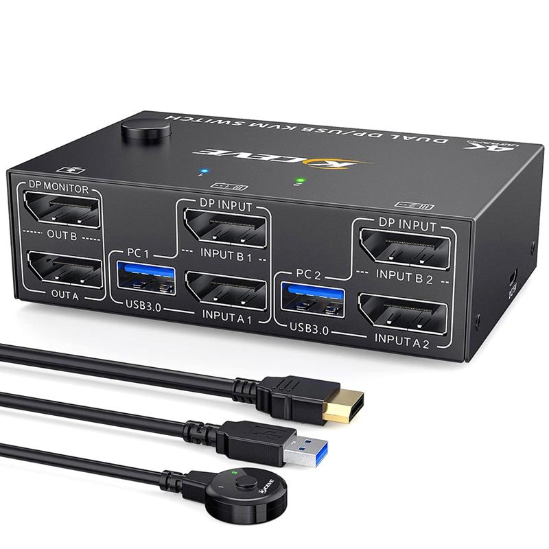 AA58 KCEVE KVM Switch Dual Monitor DisplayPort, 4 USB3.0 for 2 Computers, 2 in 2 Out DP 1.4 KVM Switch