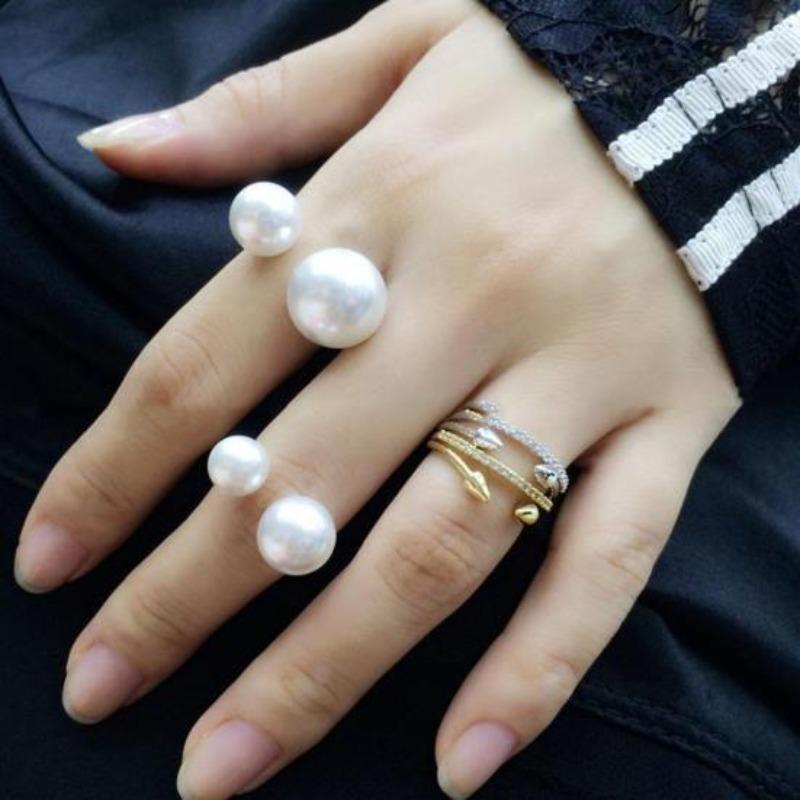 2 Pcs Women Faux Pearl Opening Adjustable Polished Lightweight Electroplated Prom Party Index Finger