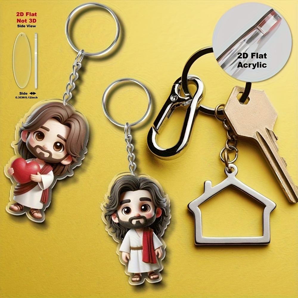 8 Parça 2D düz akrilik İsa temalı çizgi film karakter anahtarlık, 2D düz sırt çantası anahtarlık kolye.