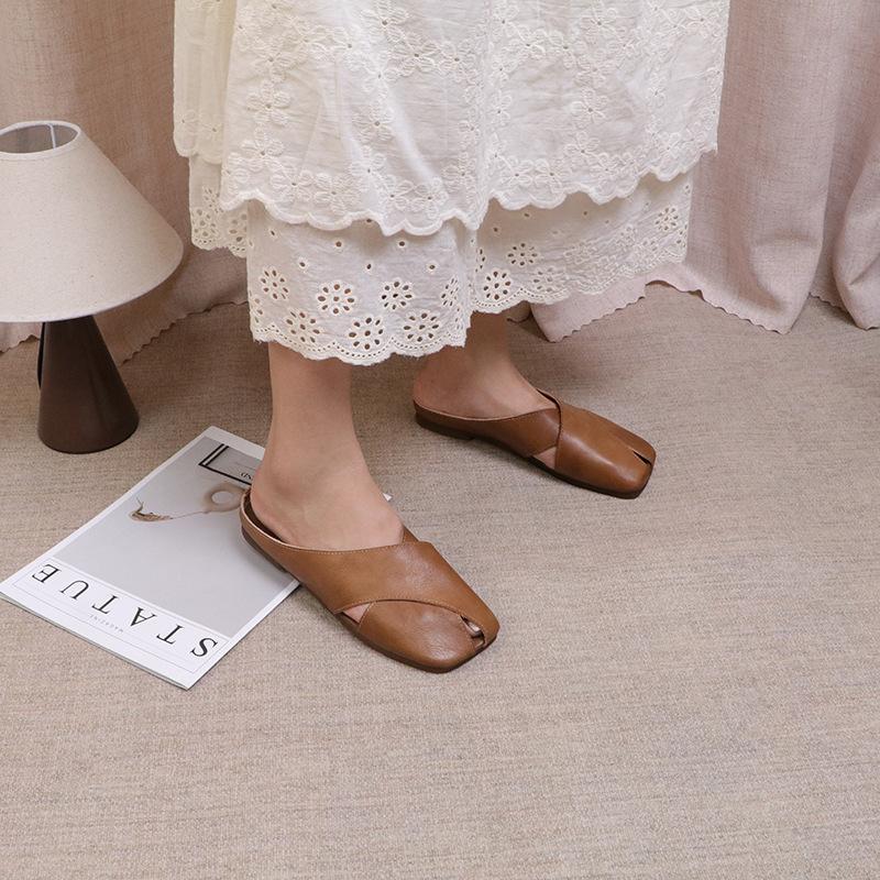 Johnature Papuci cu degetul pătrat din piele naturală Pantofi pentru femei Pantofi casual pentru exterior Pantofi confort papuci