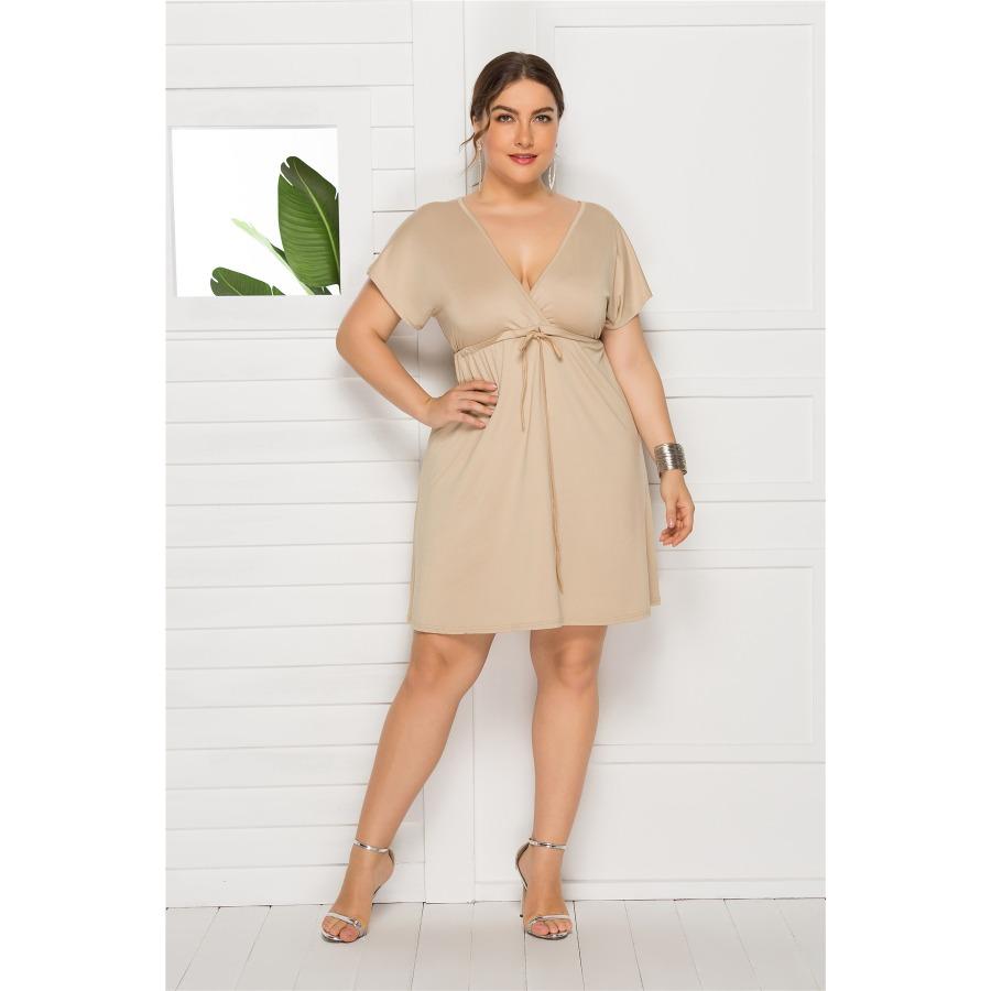 Haine de marime mari Rochii maxi scurte, sexy, supradimensionate, de culoare uni, cu decolteu in V, largi, rochie cu maneca evazata.