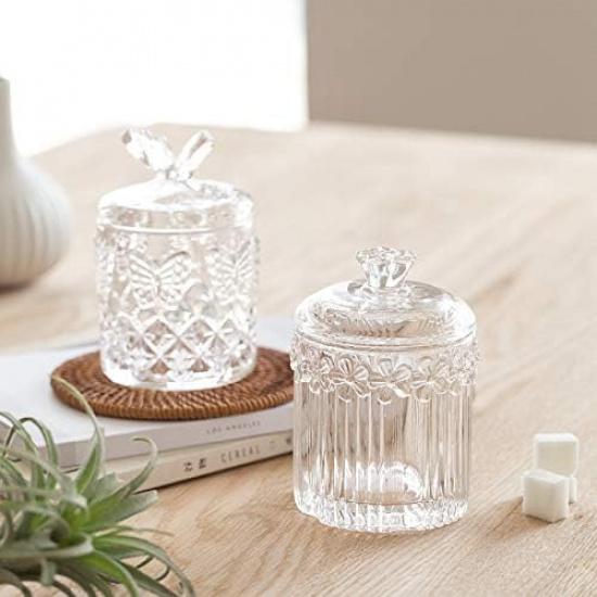 Floral Crystal Glass Relief Flower Candy Dish Swab Box Storage Jar with Lid, 5x3.5 Inches, 8 Oz, 1 Count