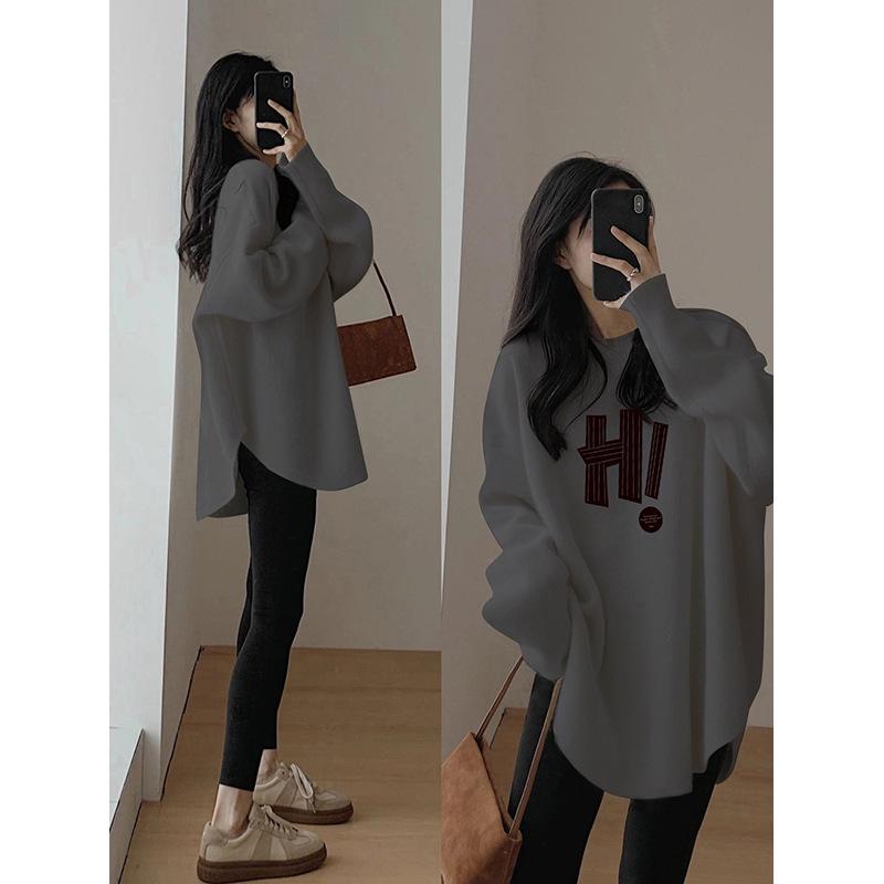 Women's Round Neck Long Sleeve Printed Oversized Korean Style Tunic Top Mid Length Casual Tee for Leggings Matching Outfits