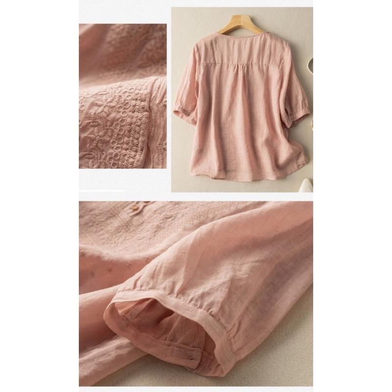 Women S Vintage Literary 3 4 Sleeve Embroidered V Neck Cotton Linen Shirt