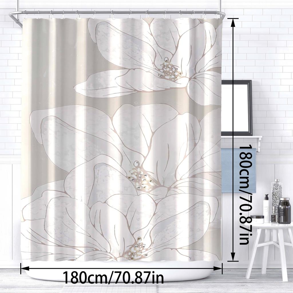 1 Modern Floral Shower Curtain - Polyester Bathroom Decor, White Flowers and Beige Background, Machine Washable, Modern Decor