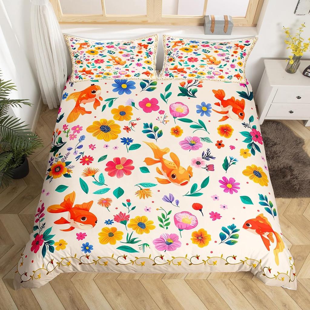 Comforter Japanese Goldfish Fantasy Yin Yang Cherry Blossom Flowers Comforter Set Blue Sea Wave Breathable Bedding