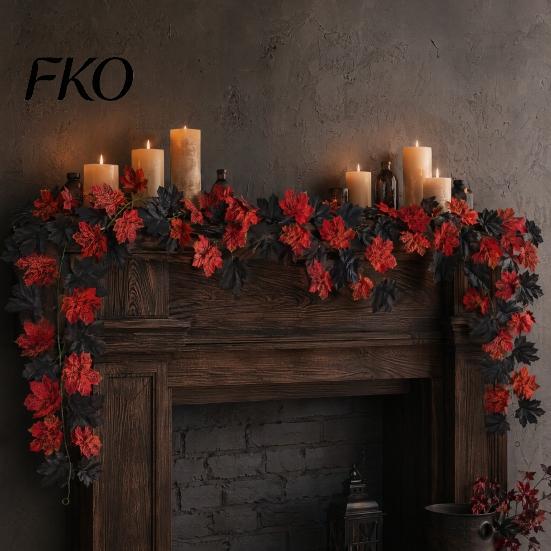 High-density Fabric Leaves Artificial Maple Leaf Garland, Autumn Faux Vine, Black & Red Fall Garland Hanging Vine for Fireplace Front Door