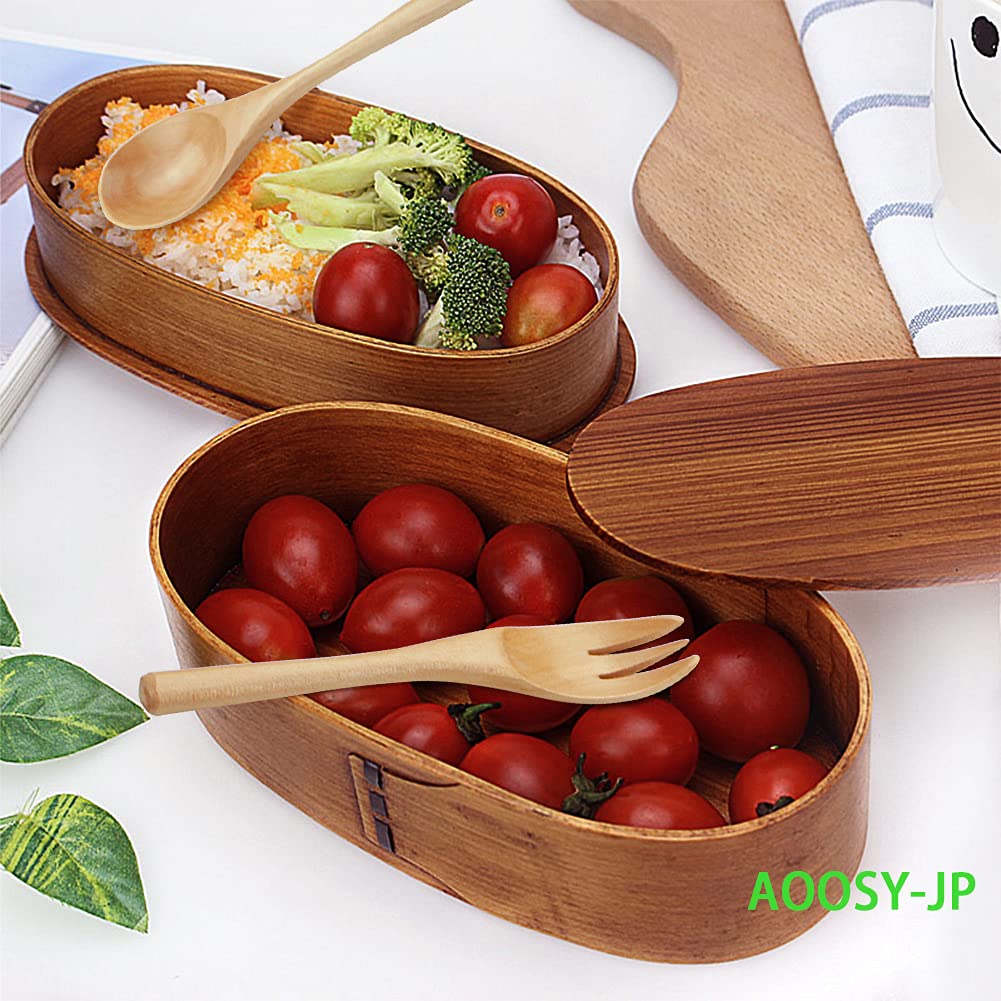 AOOSY 1000ml Bento Natural Lacquered Bentwood Lunch with Wooden Spoon and Perfect for Commuting or Handmade Large for Boys and Students Box, Oval,