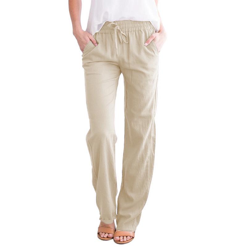 2026 Spring/Summer Women's Solid Color Cotton Linen Drawstring Wide-Leg Casual Pants