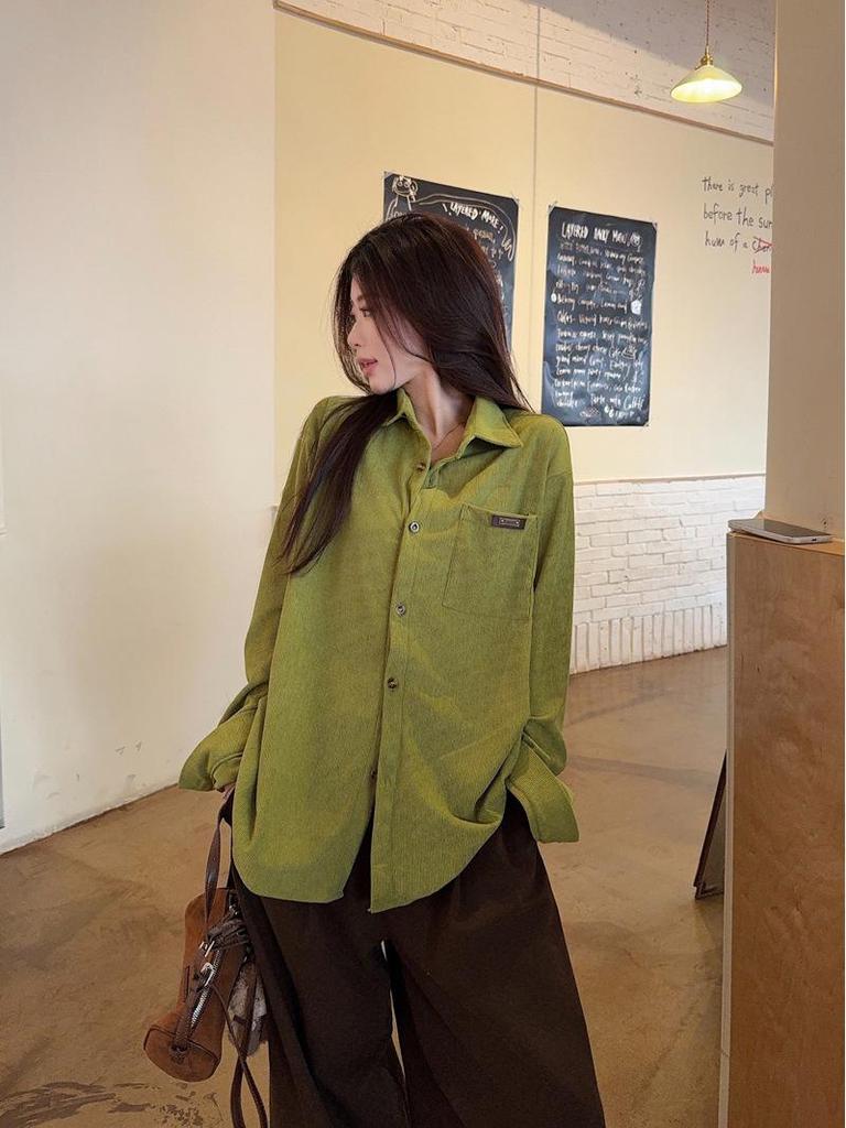 Women's Avocado Green Retro College Style Long-Sleeve Shirt – Spring 2026 Casual Layering Top