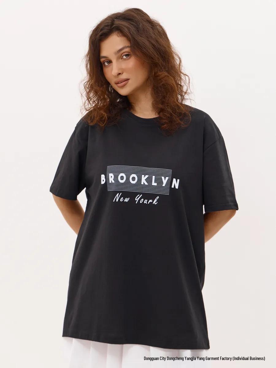 

100% Cotton Short-Sleeve Letter Print T-Shirt: Versatile Street Style Summer Top S чёрный