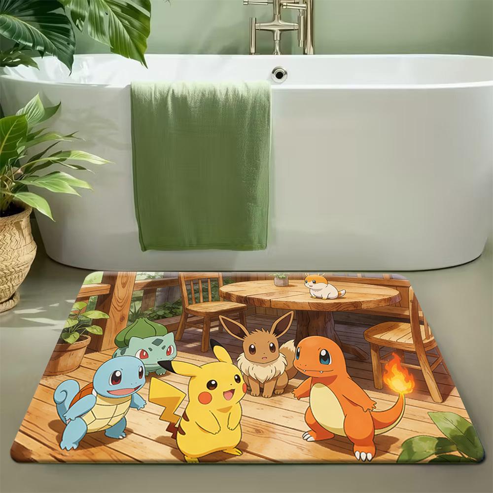 Cute Eevee with Leaves and Flowers in Sunlit Forest Print Non-slip Doormat, Soft Absorbent Floor Rug for Home Decor