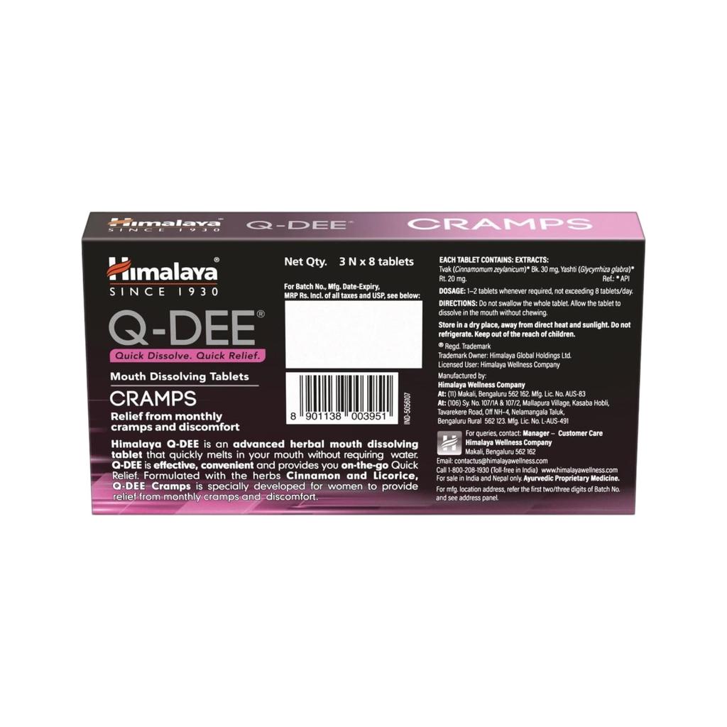 Himalaya Q-DEE Cramps Relief Mouth Dissolving Tablets 3x8 Pack Quick Relief for Women - Total 24 Tablets