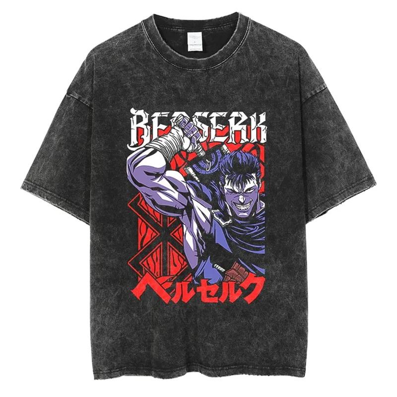 Camiseta Lavada Estampada de Anime Berserk Guts para Hombre Algodón de Alta Calidad Camisetas Vintage Oversize Street Tee Harajuku Camiseta Masculina