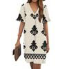 Women's Summer Vintage Print Dress Pleated Short Sleeve V-Neck Pocket Casual Dress