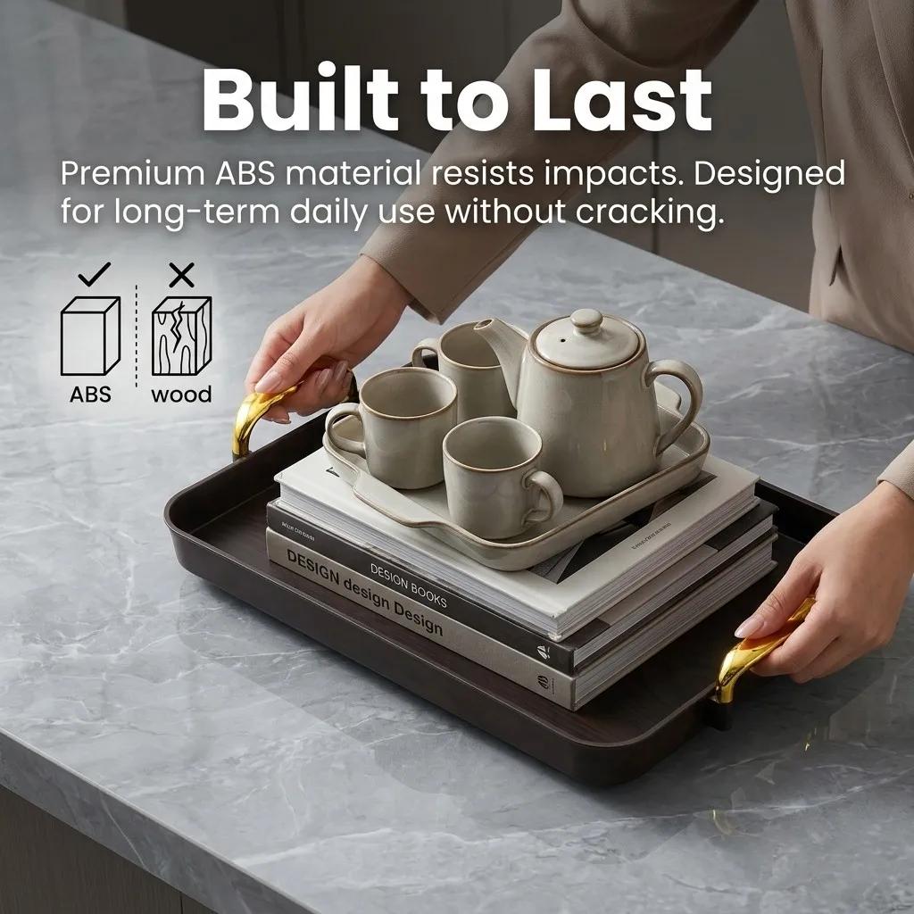 ABS Plastic Serving Tray with Handles Spill-Proof Rectangular Reusable Decorative Food Plate Buffet Dinner Dishes Kitchenware