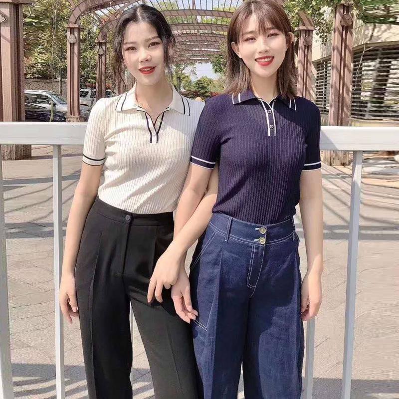 Gejia 2024 Spring/Summer Women's Polo Collar Color Block Short Sleeve Ice Silk Slim Fit T-Shirt