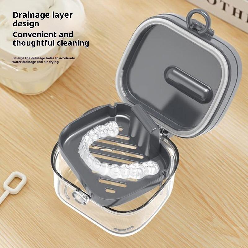 Aynalı Kapaklı 2'si 1 Arada Çok Katmanlı Protez Tutucu Kılıfı Temizlik Saklama Kutusu Temizlik Fırçası ile Sızdırmaz Ağız Ortodontik Kutusu