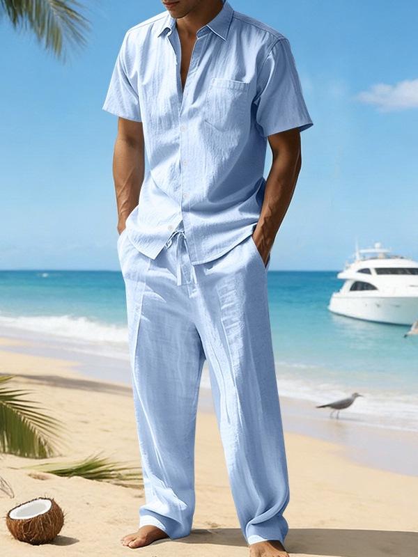 Men's European & American Linen Short Sleeve Shirt and Long Pants Set for Summer