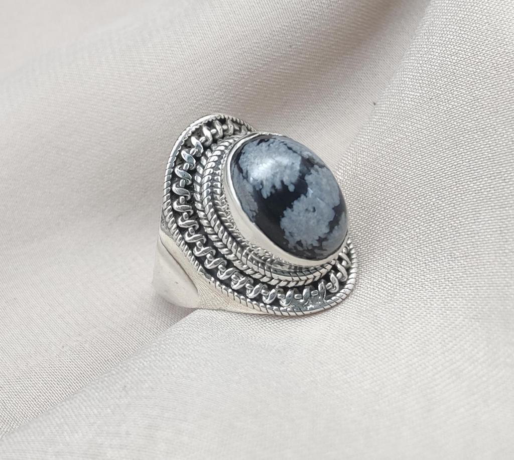 Snowflake Obsidian 925 Sterling Silver Ring: Handmade Boho Statement Jewelry