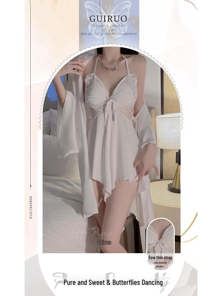 Wunderschönes Übergrößen-Pyjama-Set aus Eis-Seide mit Brustpolstern & Schleife - Schlafkleid & Morgenmantel P3945