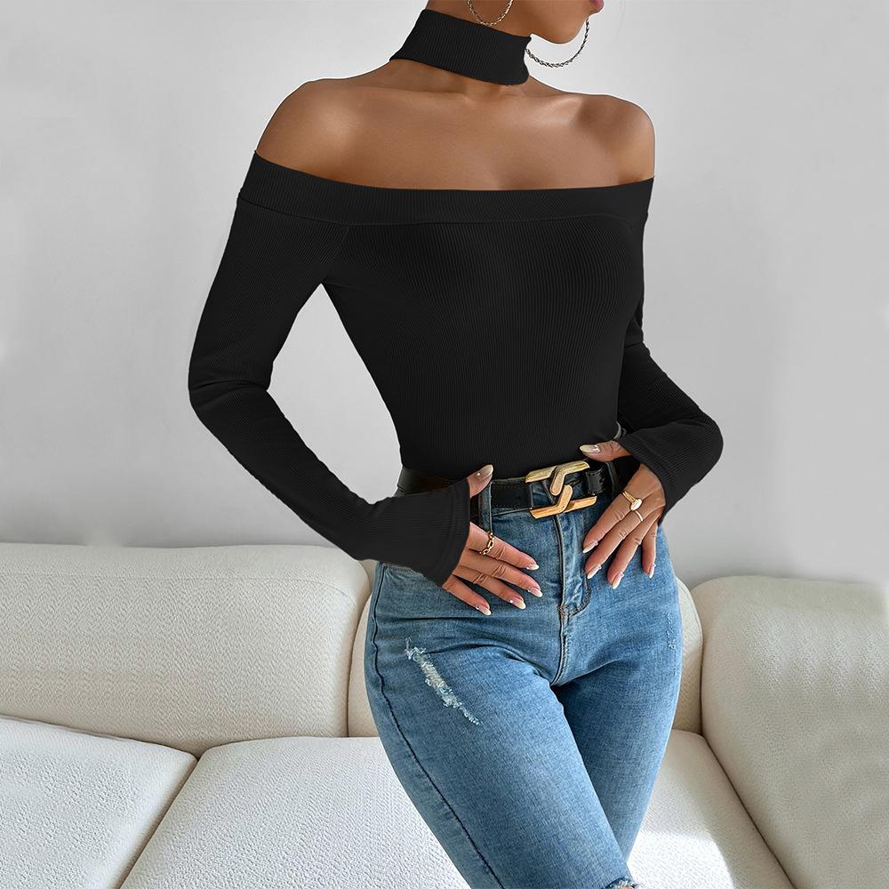New Women'S Clothing For Autumn And Winter, Sexy Off Shoulder Slim Fit Knitted Long Sleeved T-Shirt, Versatile Top With Temperament
