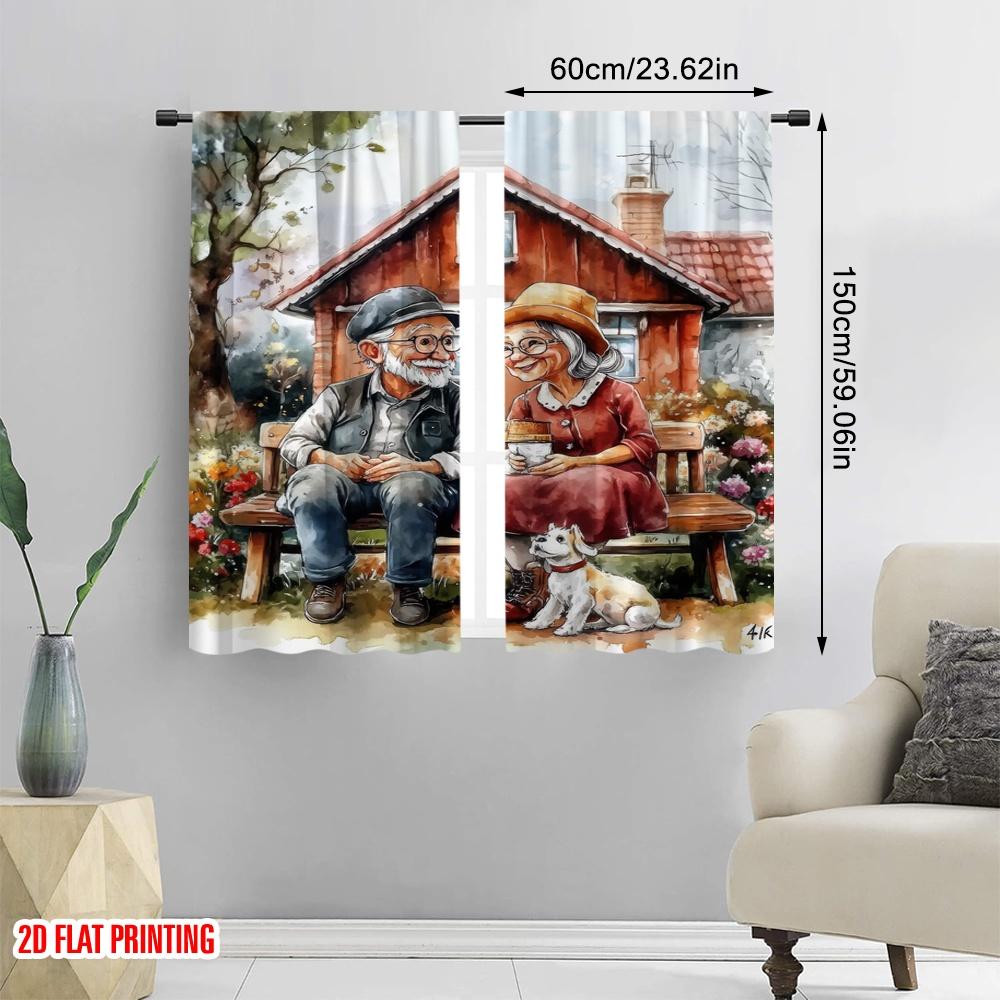 2pcs,2D plane printing Curtains&Window Treatment Cozy Cottage Scene Versatile Polyester Fabric (without rod) Outdoor Decorations