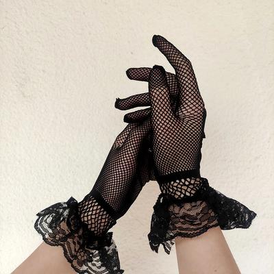 Damen Schwarz Weiß Sommer UV-Schutz Fahrhandschuhe Damen Dünne Netzhandschuhe Mode Rüschen Vollfinger Spitzenfäustlinge