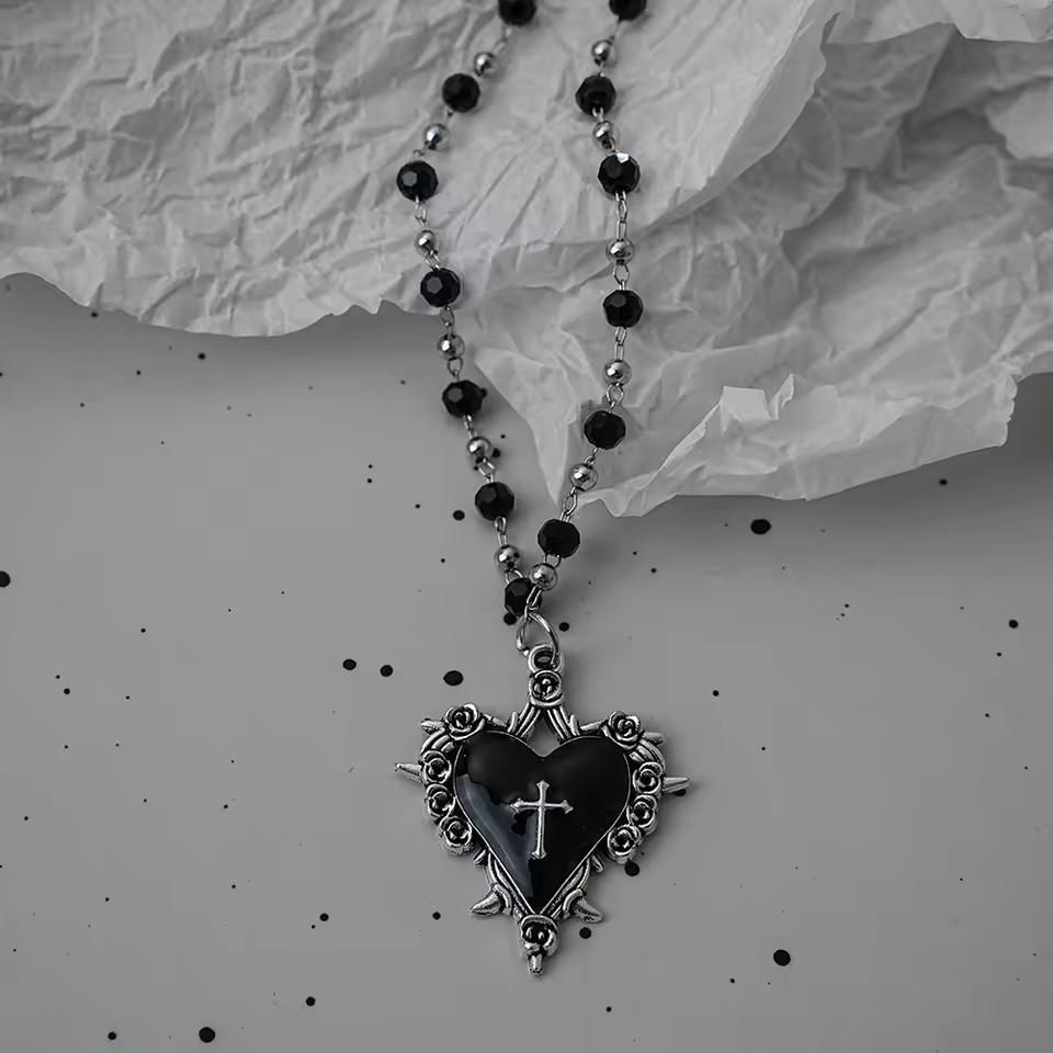 Gotische Vleermuis Kruis Donker Hanger Ketting Set, Y2K Gepersonaliseerde Doorn Liefde Zwarte Kraal Gestapelde Ketting Set, Geschikt als Halloween G