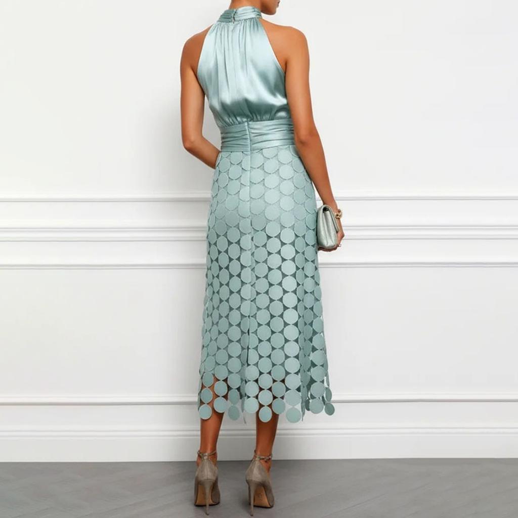 Sleeveless Halter Neck Dress Satin Top with Circular Sequin Overlay Midi Skirt Holiday Casual Dress for Women