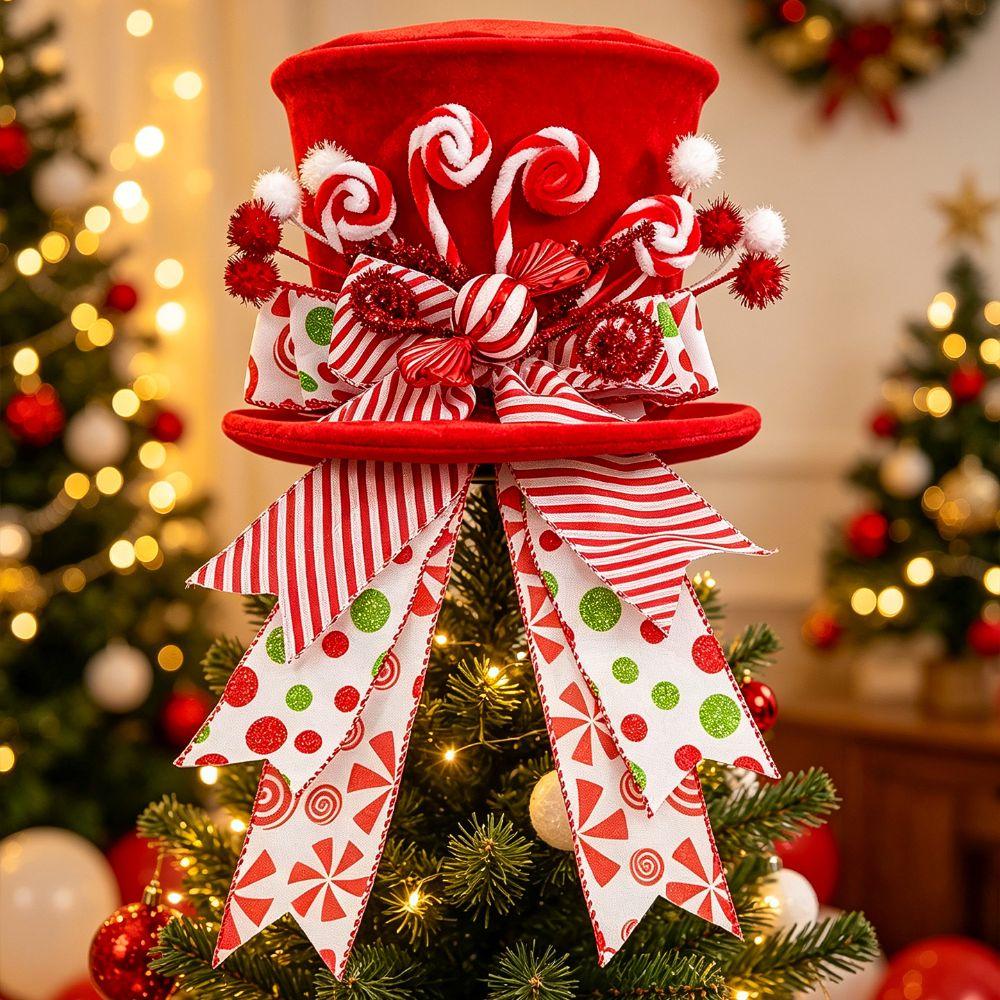 Red Hat Tree Top Hat Shrinkable Spring Bow Christmas Tree Gift Hat Decorative Hat  Christmas Tree