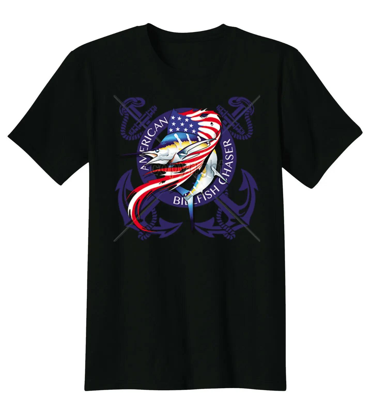 American Fish Chasers Fishing Swordfish Anchors USA Patriotic T Shirt New 100% Cotton Short Sleeve O-Neck Tshirt Casual Mens ... S